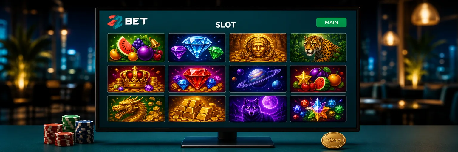 Lobby slot 22Bet dengan ubin game tersusun dalam kisi